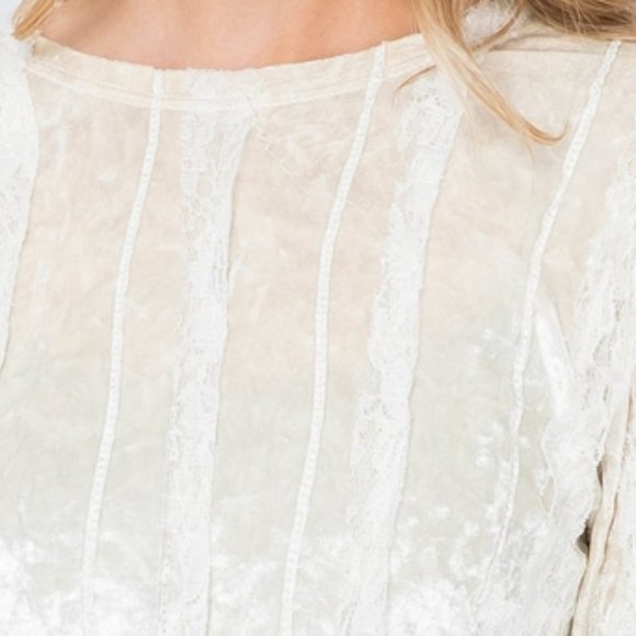BOHO WOMENS CREAM VELVET LACE DETAIL BLOUSE TOP - Picture 3 of 7